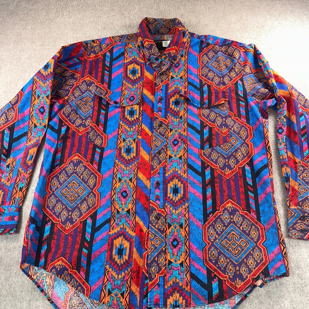 Vintage Frontier Series Aztec Southwestern Button Down Shirt Largemen Cotton USA